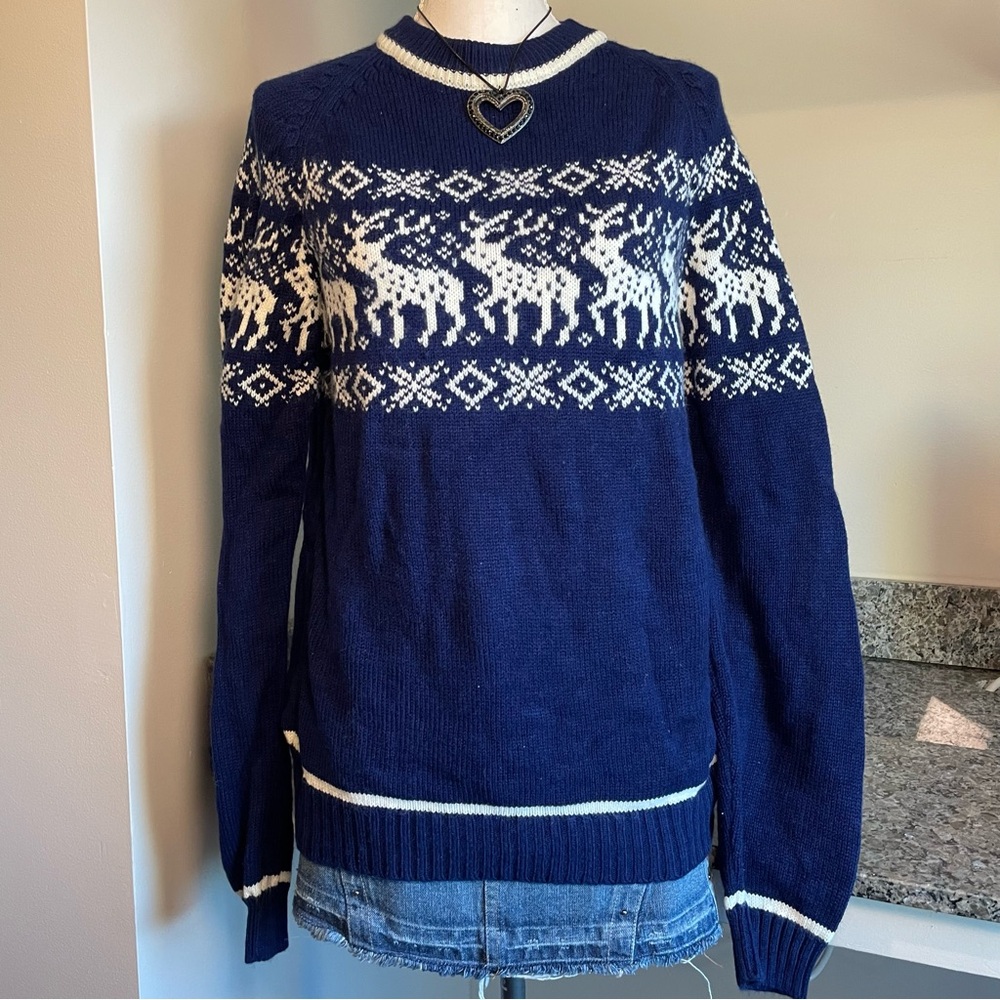 Vintage 90s Knit Navy Reindeer Winter Festive Large Mock Neck Sweater